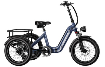 A blue Mokwheel Granite electric tricycle with a rear-wheel drive, featuring a large rear basket, front and rear fenders, and an ergonomic seat.